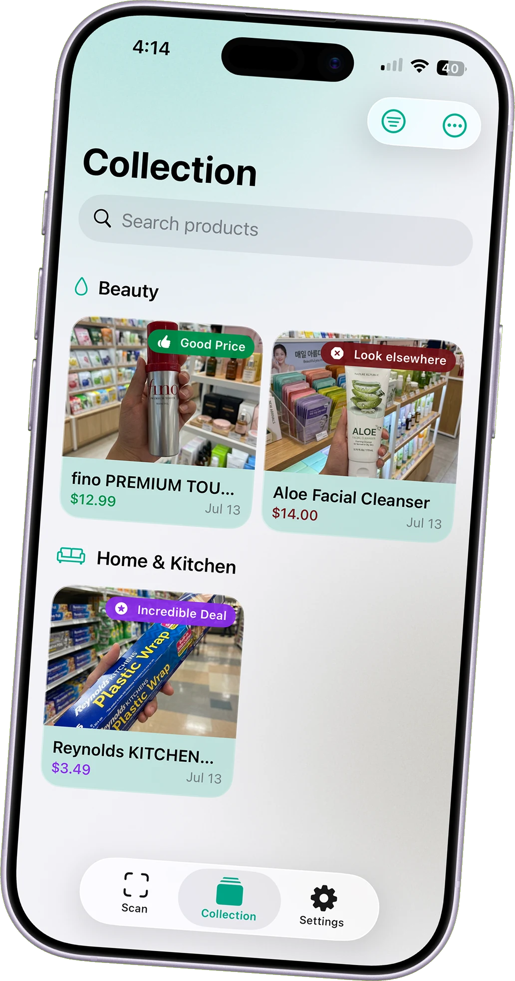 OLMA’s Collection screen, showing saved product photos, prices, and verdicts organized into Beauty and Home & Kitchen.