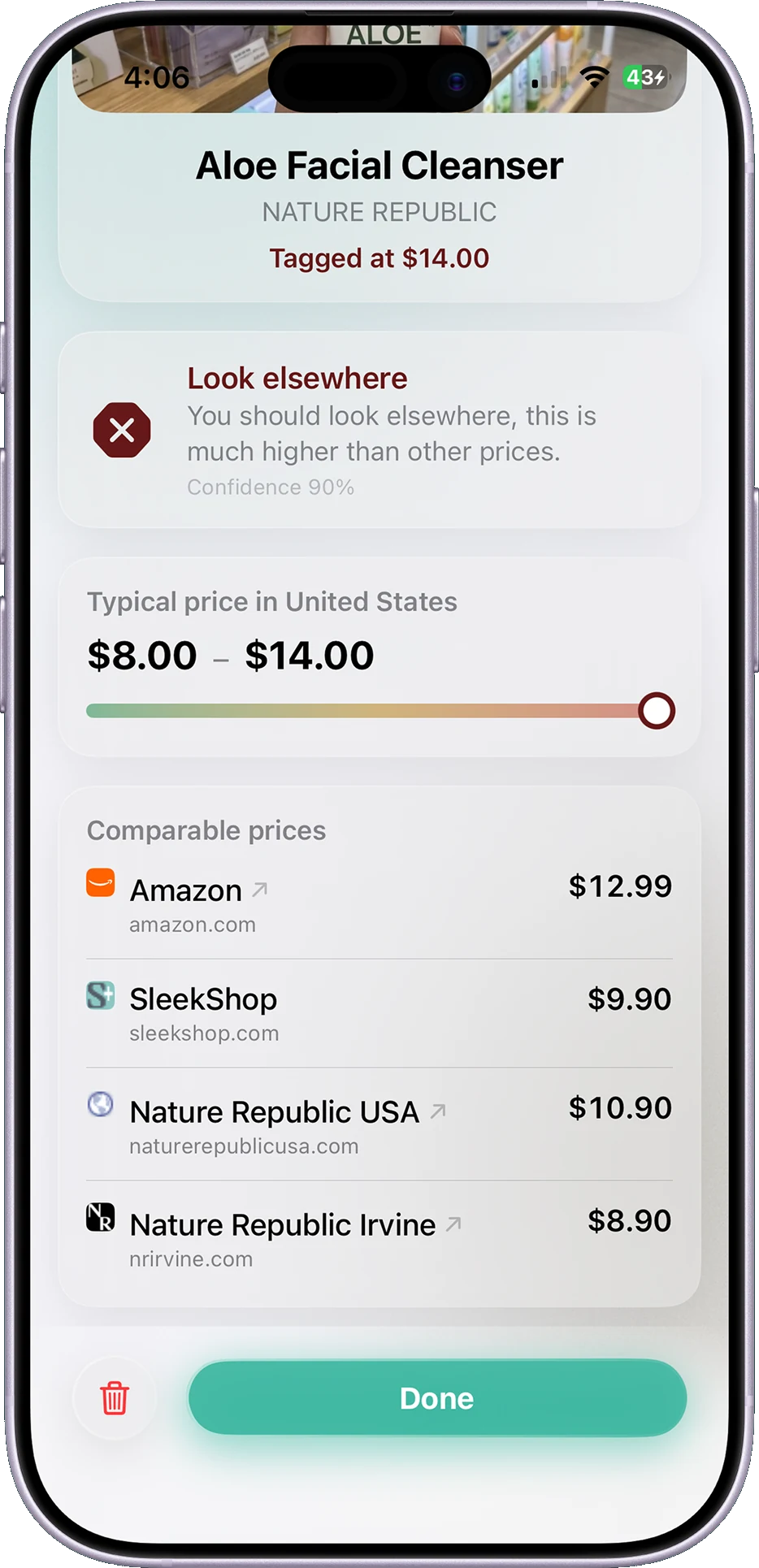 OLMA’s comparison result for an aloe facial cleanser: a Look elsewhere verdict, a typical price range, and prices from individual retailers.